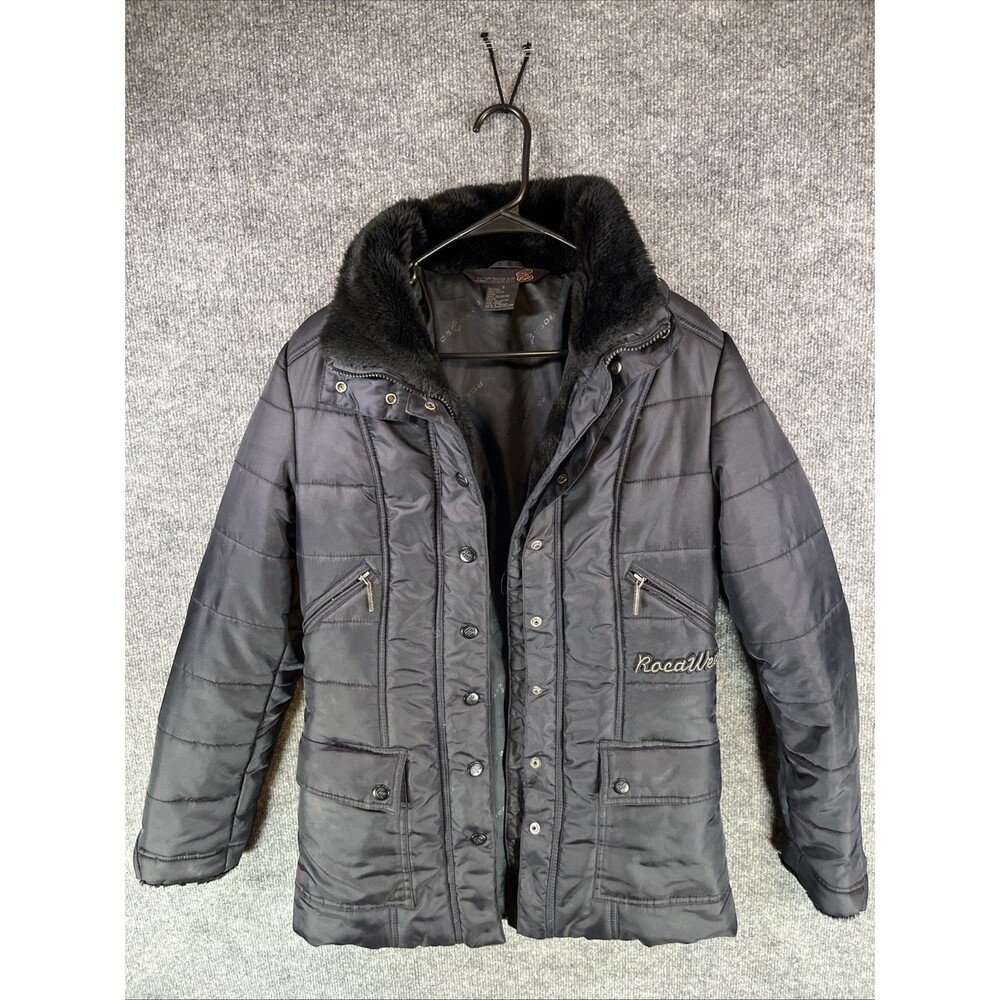 Rocawear Black Puffer Jacket Mens Small Faux Fur Collar Quilted Coat Y2K